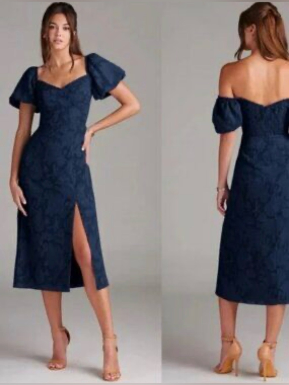 Azazie Navy Lace Sweetheart Midi Dress with Puff Sleeves